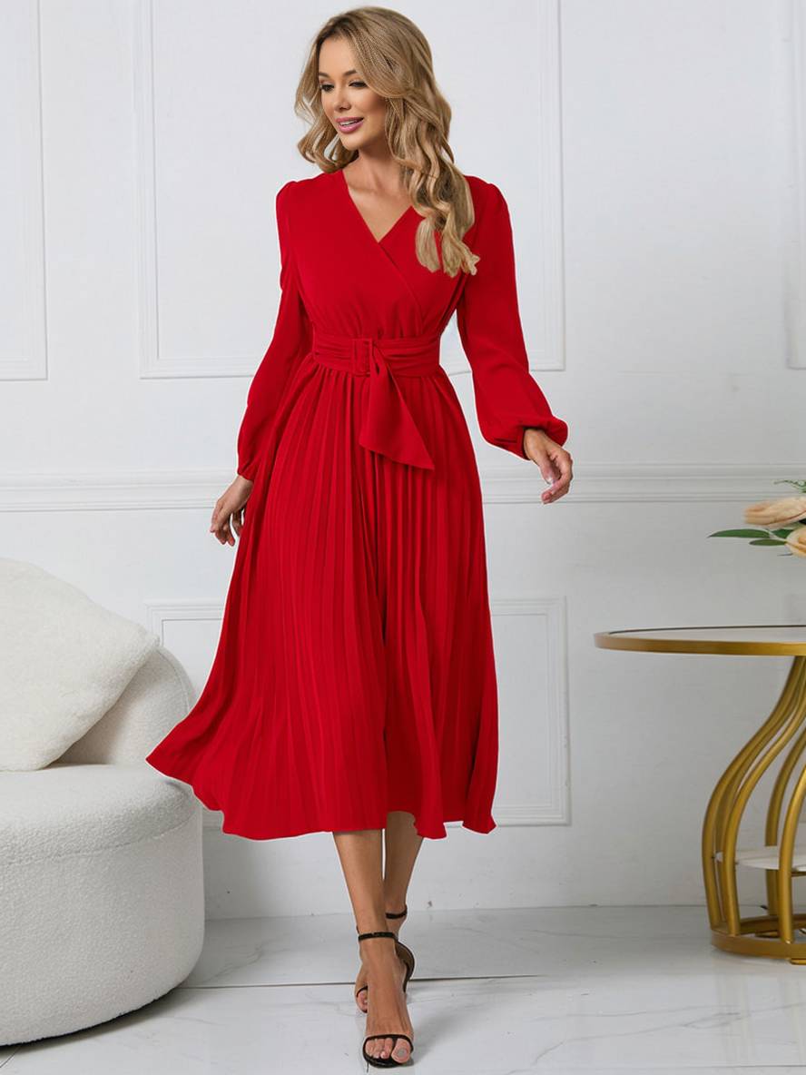 Shiela Robe Femme – Longue Robe Trapèze Plissée avec Ceinture & Manches Longues Élégantes