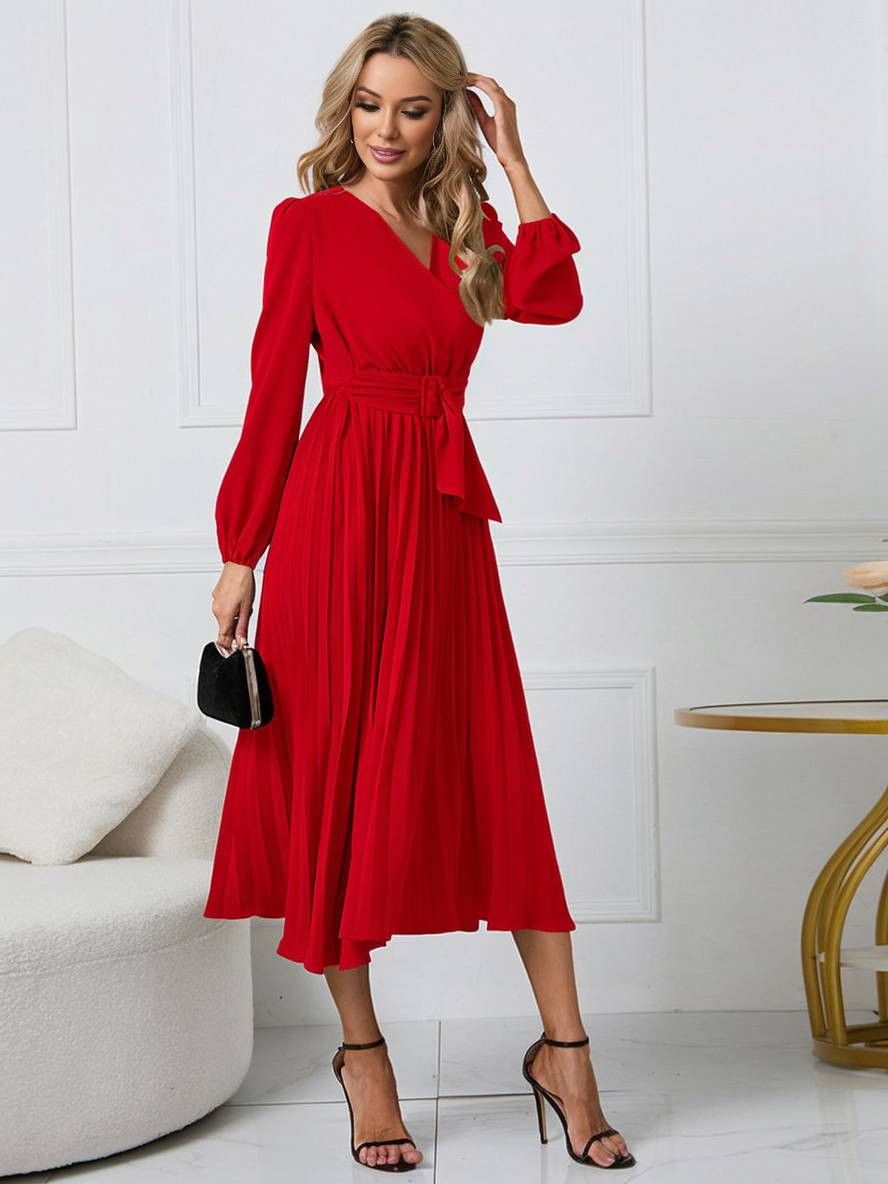 Shiela Robe Femme – Longue Robe Trapèze Plissée avec Ceinture & Manches Longues Élégantes