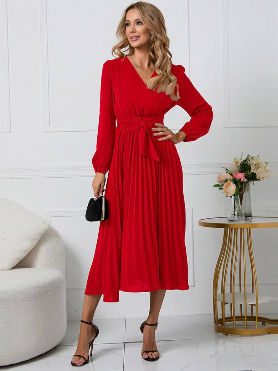 Shiela Robe Femme – Longue Robe Trapèze Plissée avec Ceinture & Manches Longues Élégantes