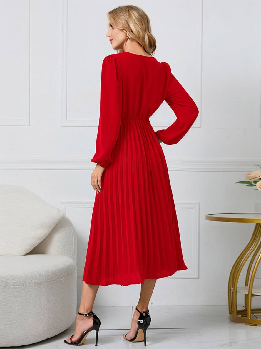 Shiela Robe Femme – Longue Robe Trapèze Plissée avec Ceinture & Manches Longues Élégantes