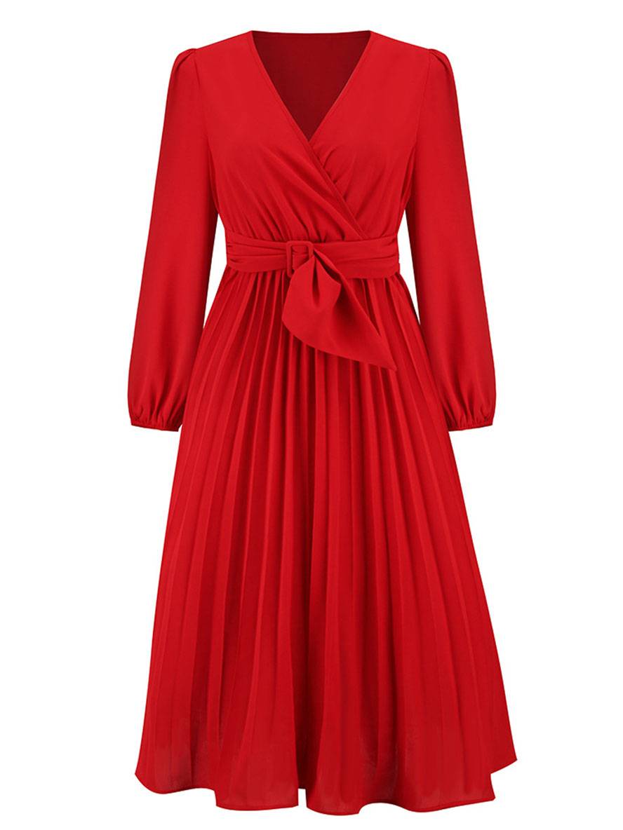 Shiela Robe Femme – Longue Robe Trapèze Plissée avec Ceinture & Manches Longues Élégantes