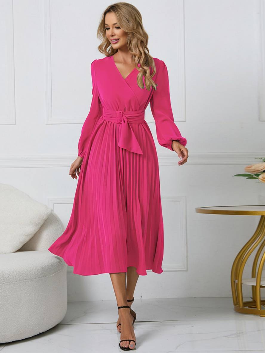 Shiela Robe Femme – Longue Robe Trapèze Plissée avec Ceinture & Manches Longues Élégantes