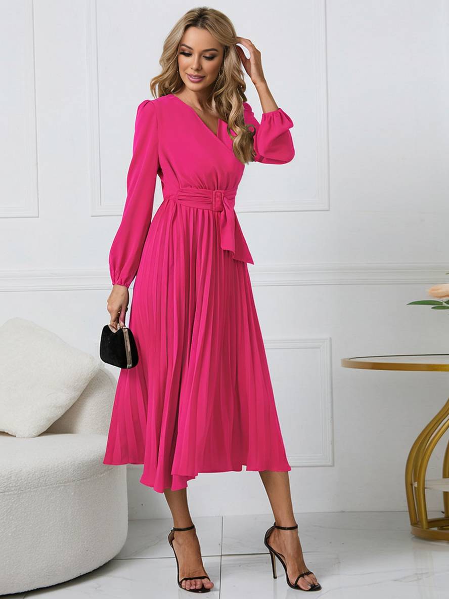 Shiela Robe Femme – Longue Robe Trapèze Plissée avec Ceinture & Manches Longues Élégantes