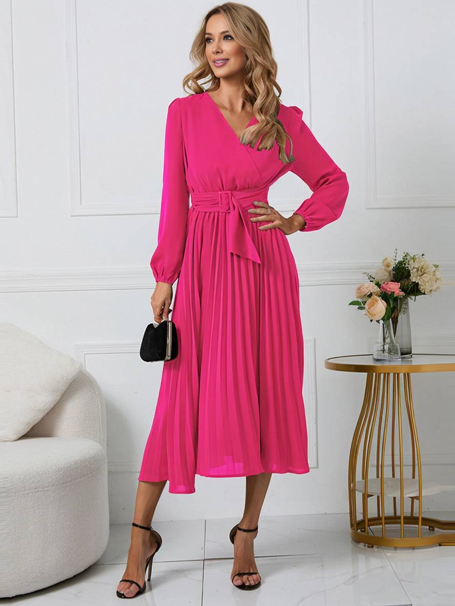 Shiela Robe Femme – Longue Robe Trapèze Plissée avec Ceinture & Manches Longues Élégantes