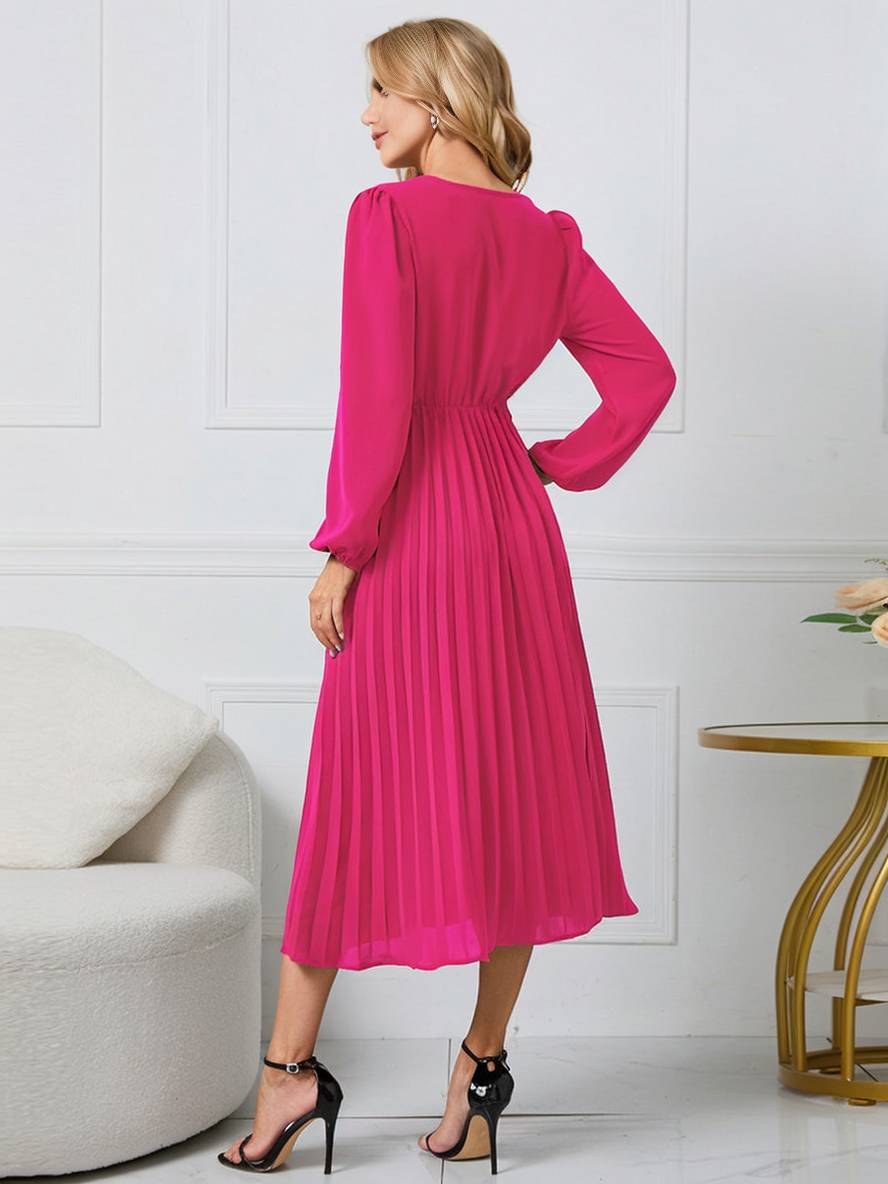 Shiela Robe Femme – Longue Robe Trapèze Plissée avec Ceinture & Manches Longues Élégantes