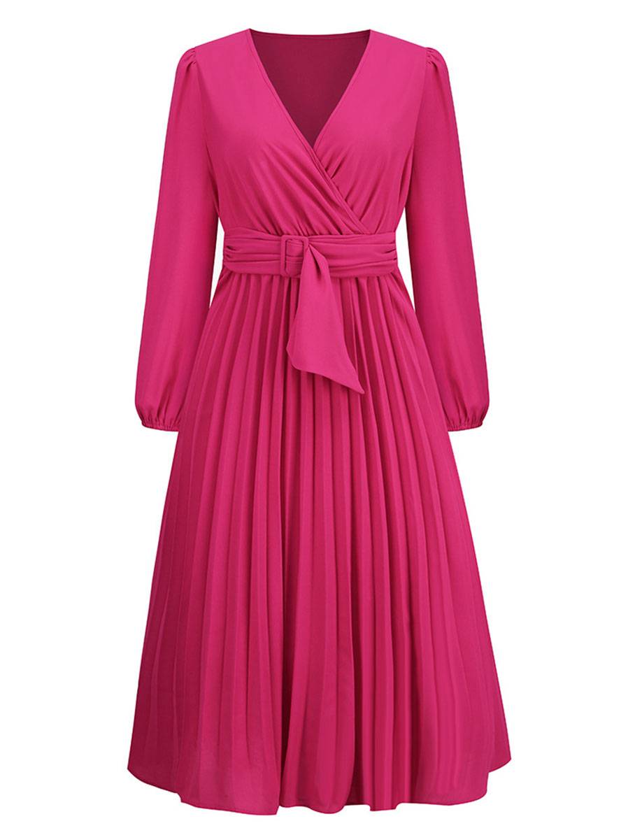 Shiela Robe Femme – Longue Robe Trapèze Plissée avec Ceinture & Manches Longues Élégantes
