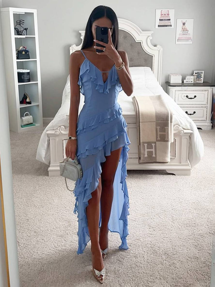 Vestido para mujeres de jade Long - Vestido de playa dividido con volantes, correas finas y v -neck