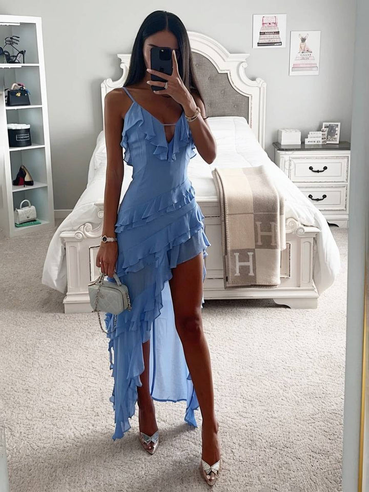 Vestido para mujeres de jade Long - Vestido de playa dividido con volantes, correas finas y v -neck