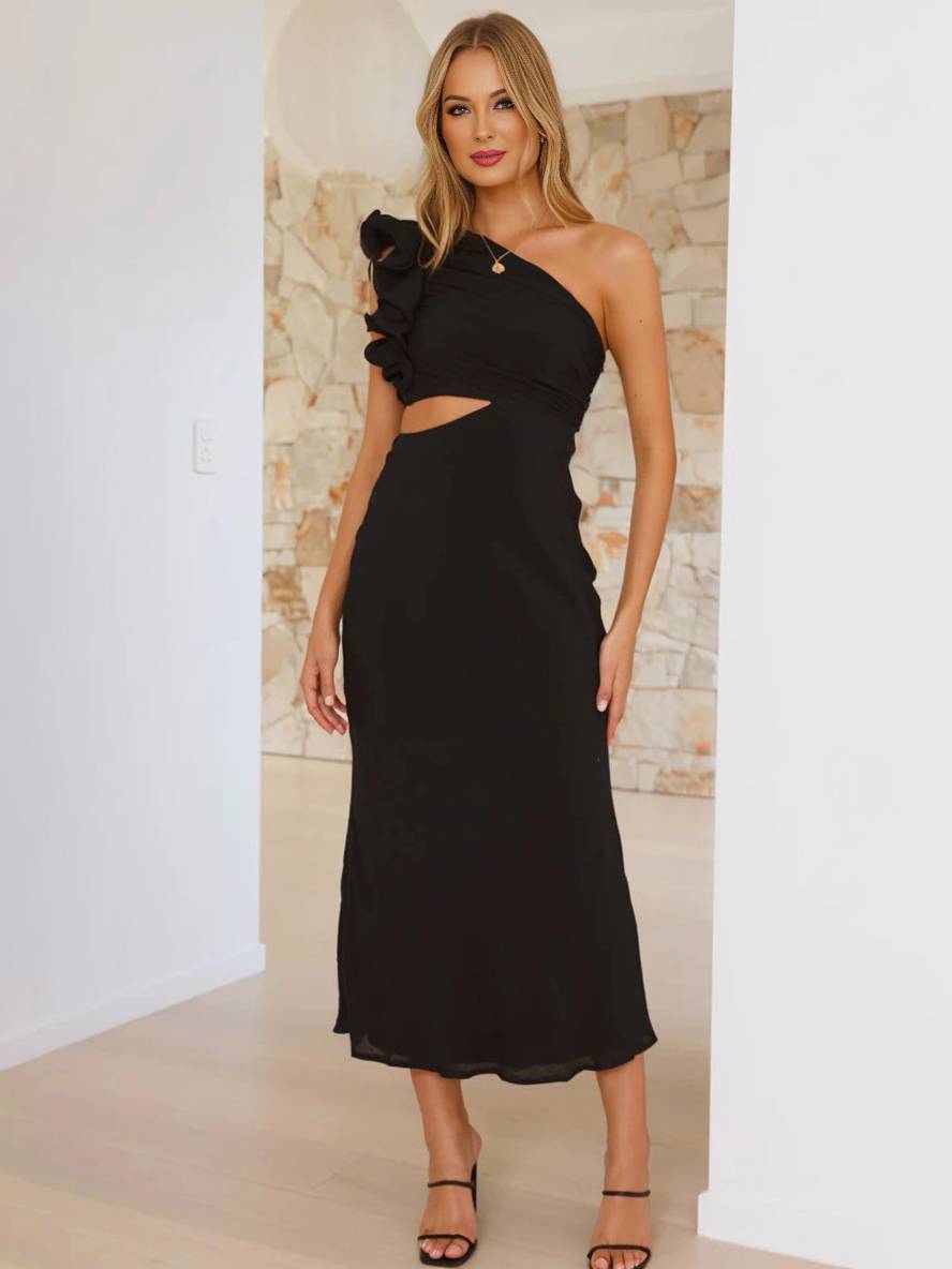 Shamine Robe de Soirée Femme – Longue Robe Asymétrique à Une Épaule avec Découpes Élégantes et Sans Manches