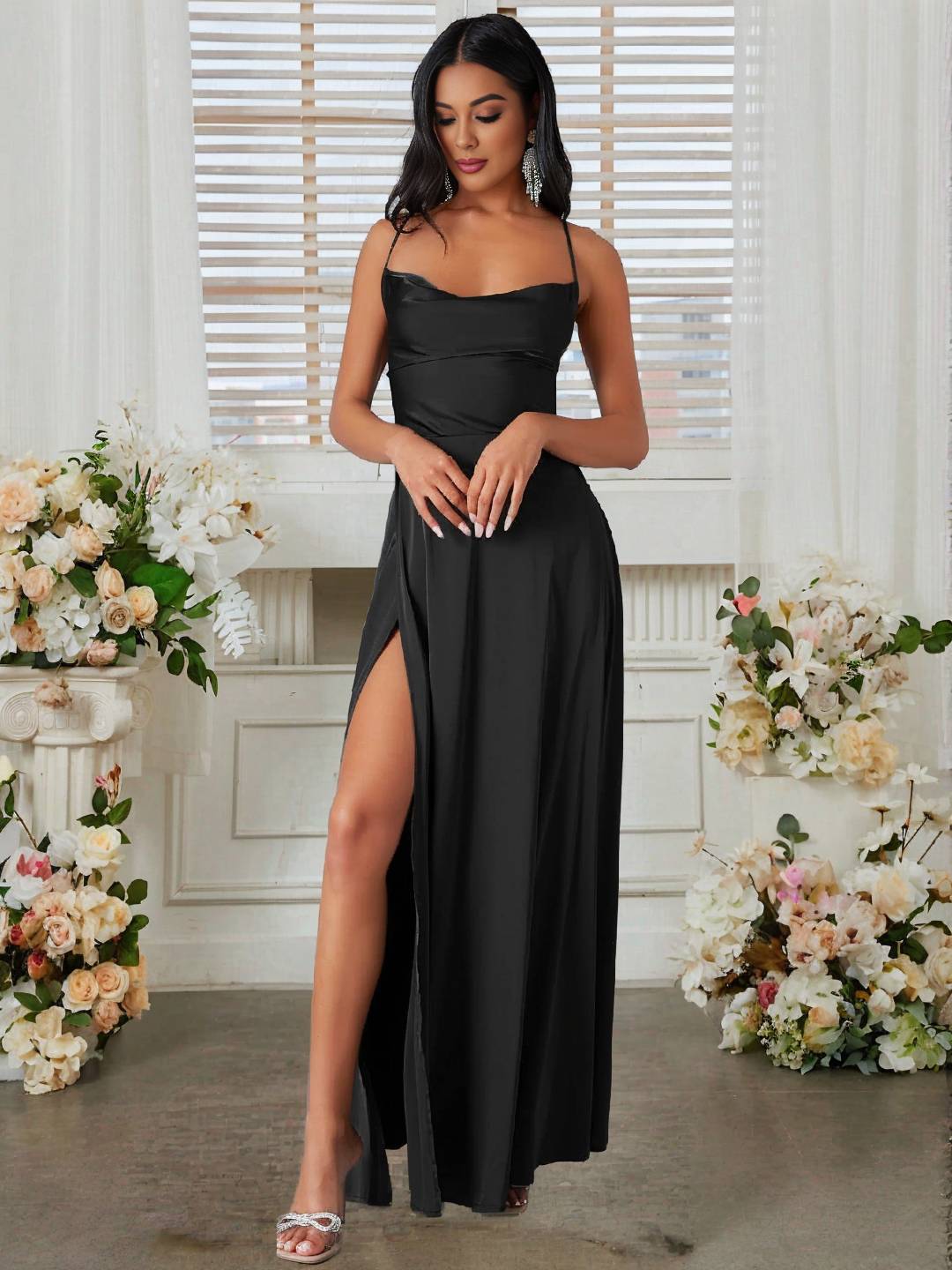 Lorra Robe de Soirée Femme – Élégante Longue Robe Satinée avec Fente, Dos Nu & Bretelles Fines
