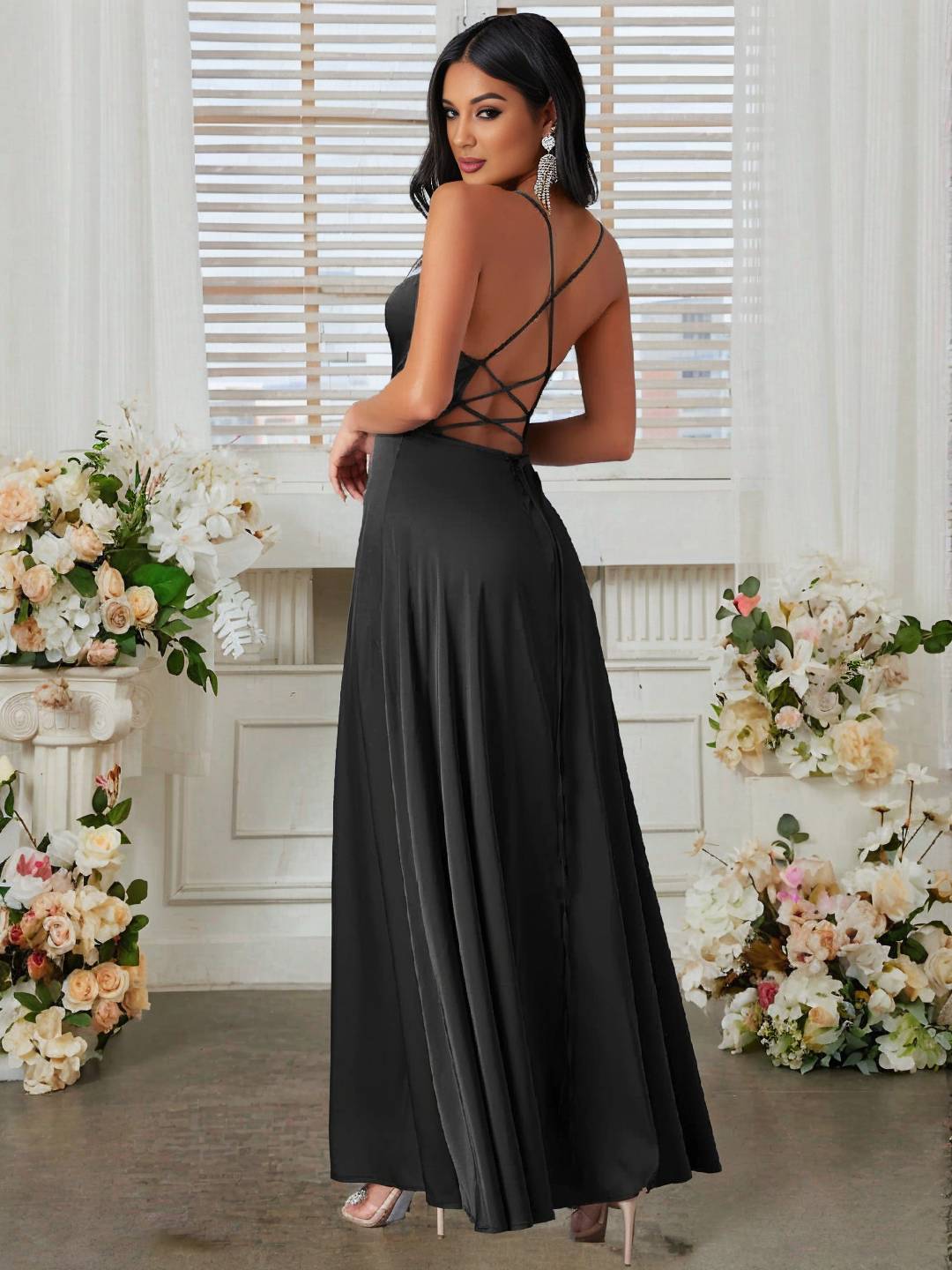 Lorra Robe de Soirée Femme – Élégante Longue Robe Satinée avec Fente, Dos Nu & Bretelles Fines