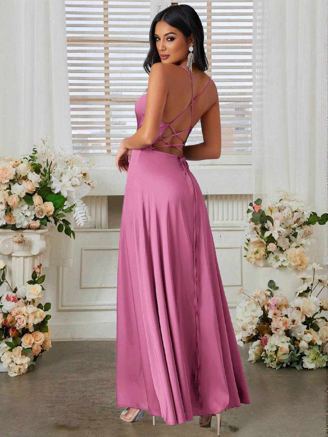 Lorra Robe de Soirée Femme – Élégante Longue Robe Satinée avec Fente, Dos Nu & Bretelles Fines
