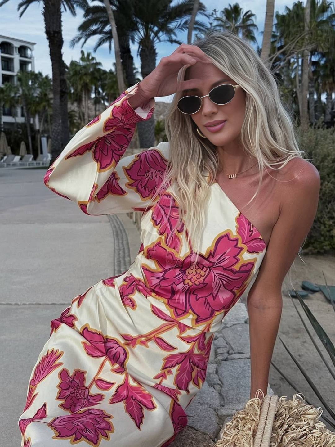 Jammy Robe d'Été Femme – Longue Robe Satinée Asymétrique à Une Épaule avec Imprimé Fleuri & Manche Longue