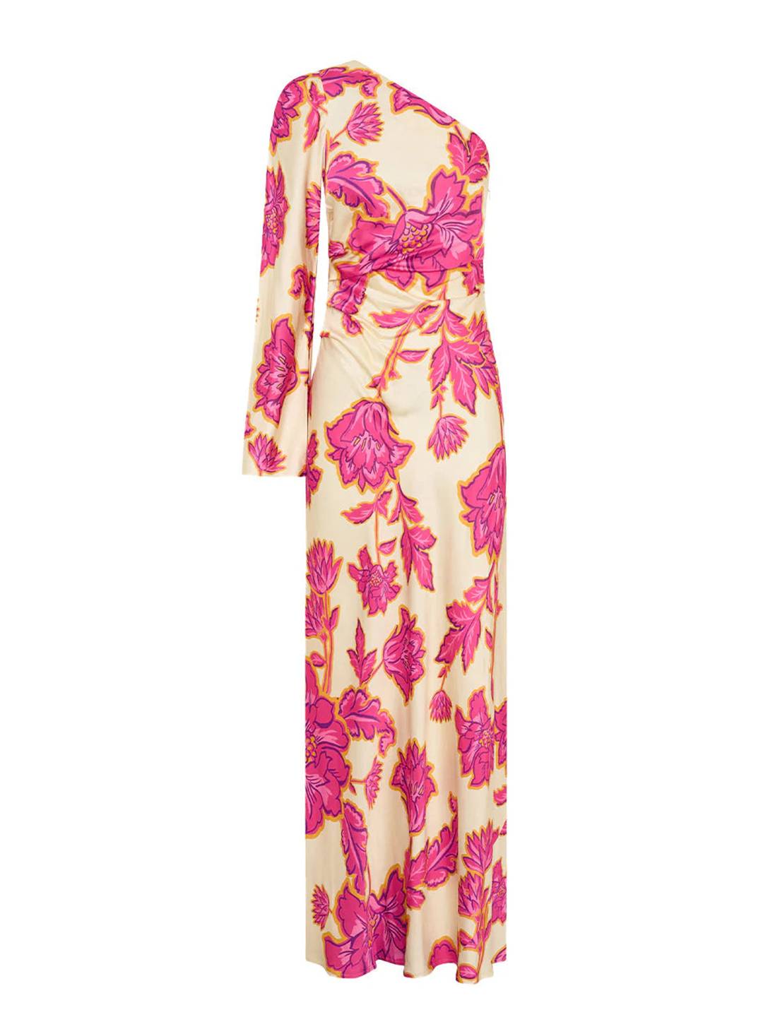 Jammy Robe d'Été Femme – Longue Robe Satinée Asymétrique à Une Épaule avec Imprimé Fleuri & Manche Longue