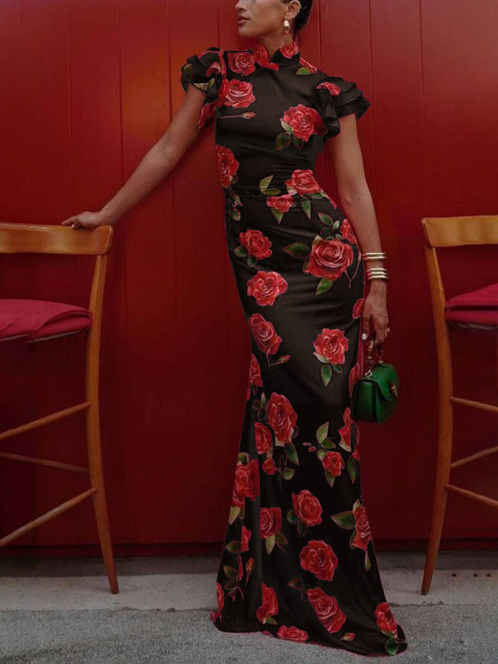 Thalia Robe de Soirée Femme – Élégante Longue Robe Fleurie avec Volants, Col Mao & Détail à Boutons