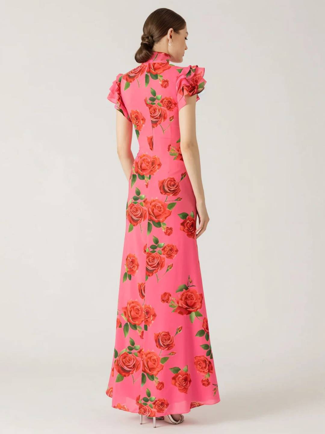 Thalia Robe de Soirée Femme – Élégante Longue Robe Fleurie avec Volants, Col Mao & Détail à Boutons