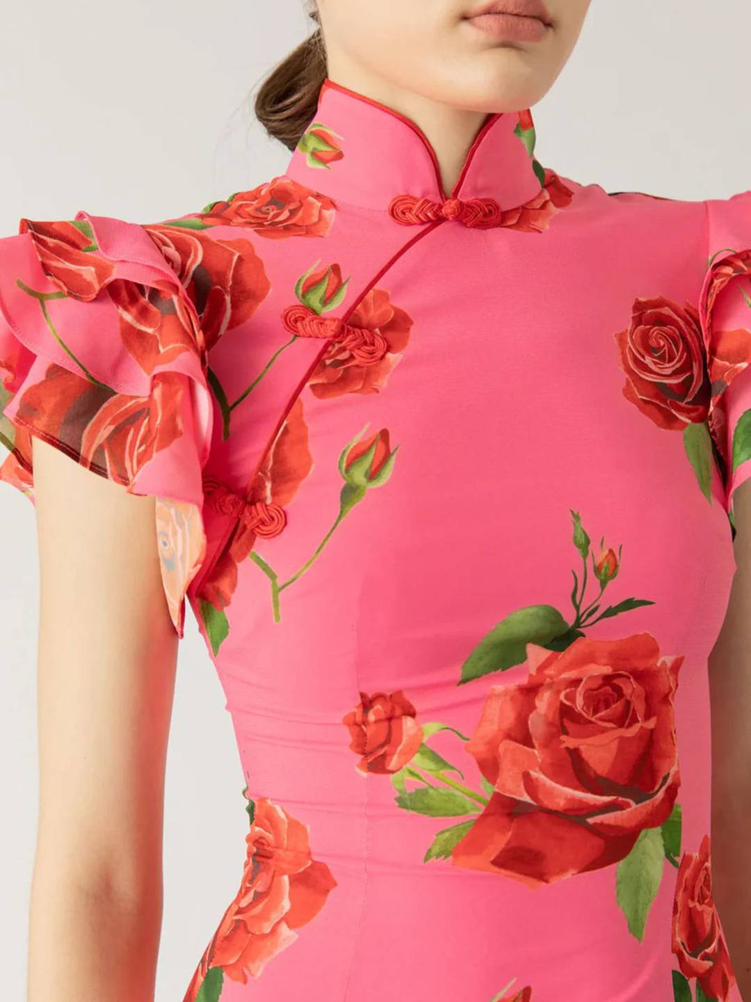 Thalia Robe de Soirée Femme – Élégante Longue Robe Fleurie avec Volants, Col Mao & Détail à Boutons