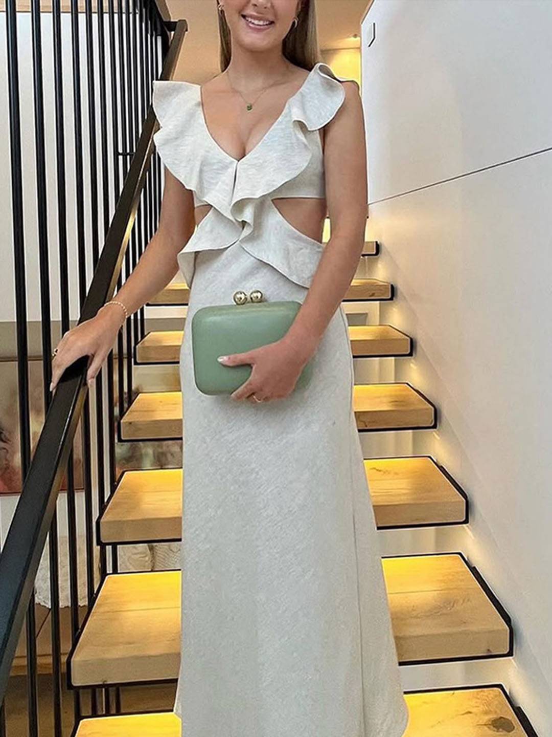 Vestido de verano para mujeres de Yaela: vestido bohemio largo con escote en V, volantes y espalda abierta