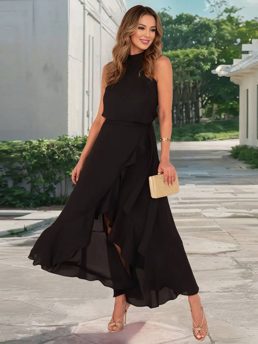 Abito da cocktail da donna yachi - abito a sfiorimento lungo con collare cape, fessura e volante