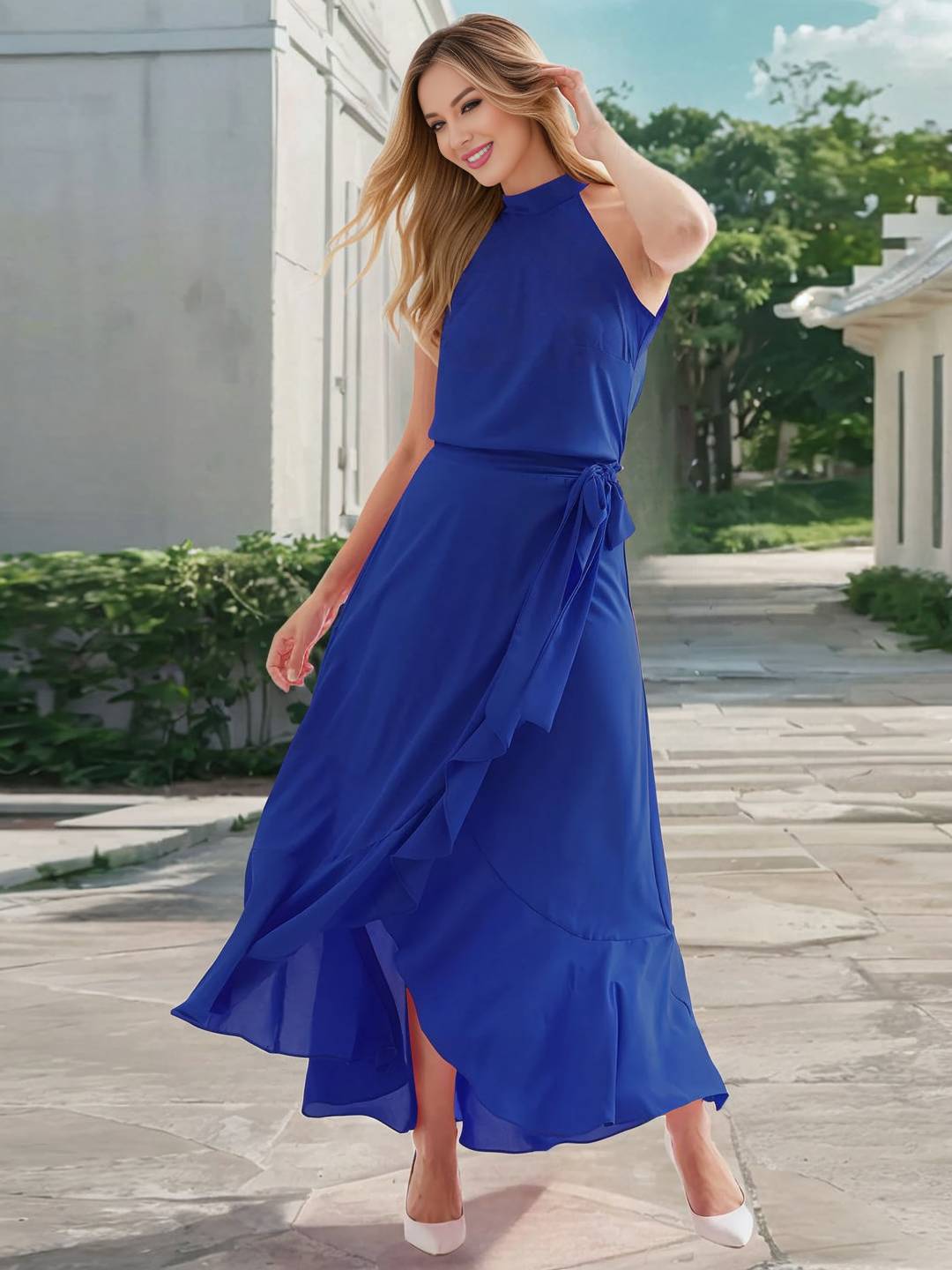 Abito da cocktail da donna yachi - abito a sfiorimento lungo con collare cape, fessura e volante