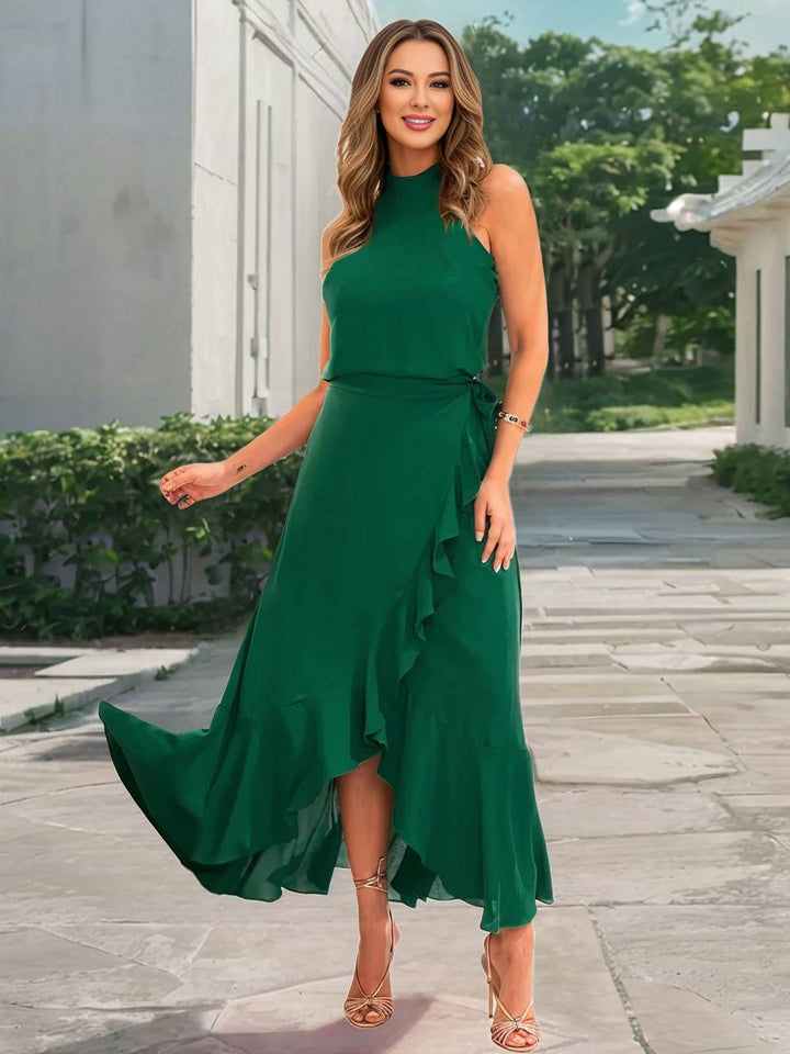 Vestido de cóctel para mujeres de Yachi - vestido largo con acampado con cuello de cabestro, hendidura y volando