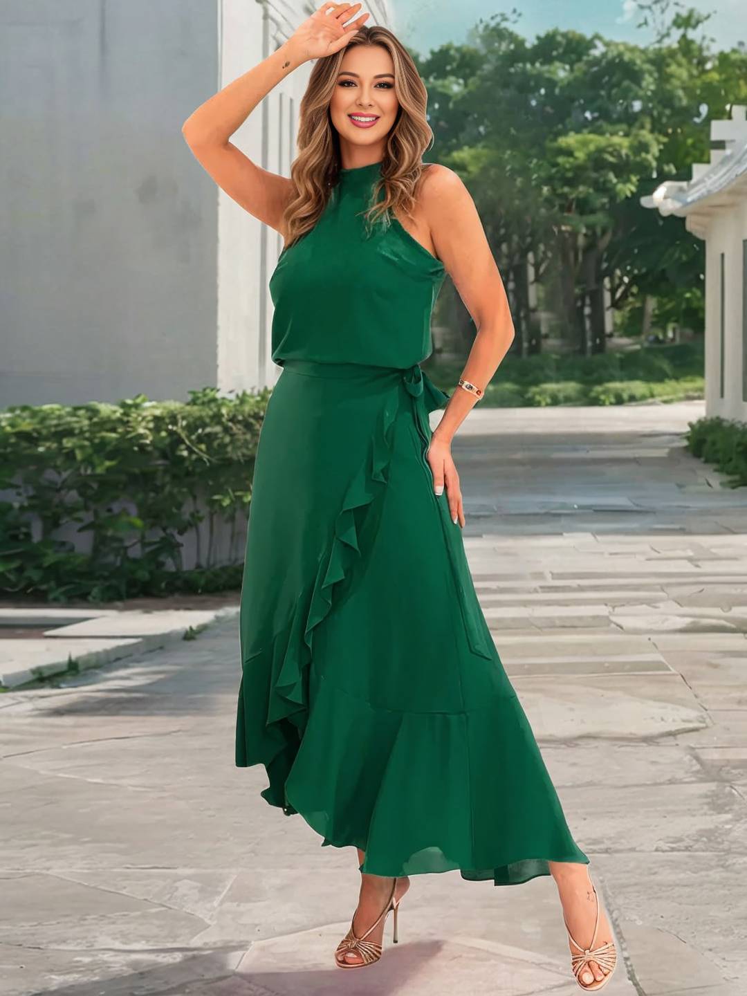 Abito da cocktail da donna yachi - abito a sfiorimento lungo con collare cape, fessura e volante