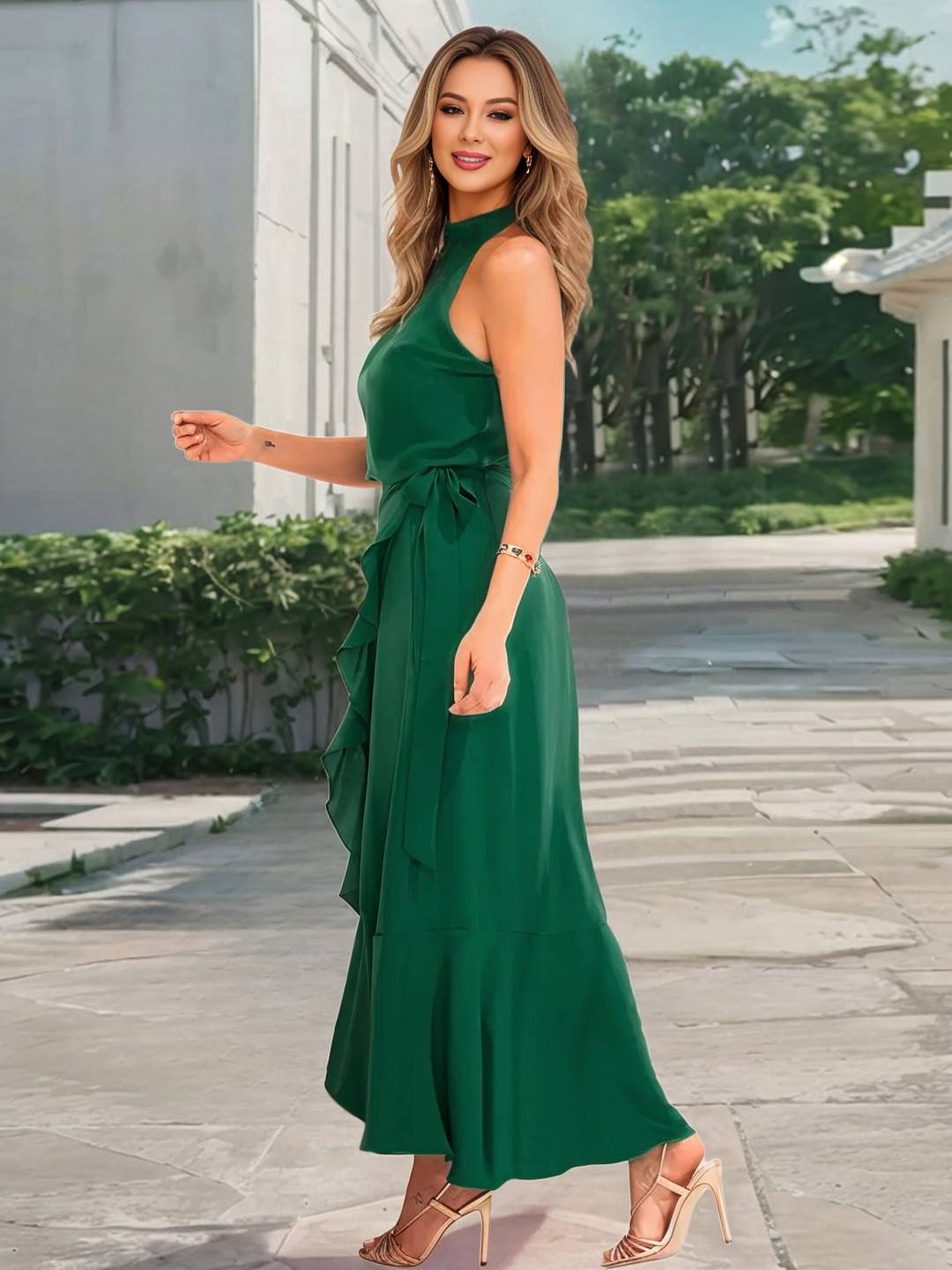 Abito da cocktail da donna yachi - abito a sfiorimento lungo con collare cape, fessura e volante