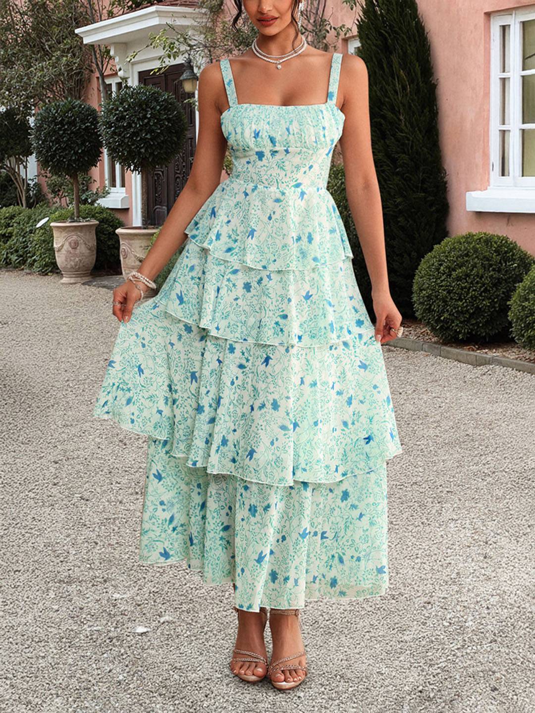 Valentina Robe d’Été Femme – Longue Robe Fleurie en Mousseline avec Volants & Bretelles Spaghetti