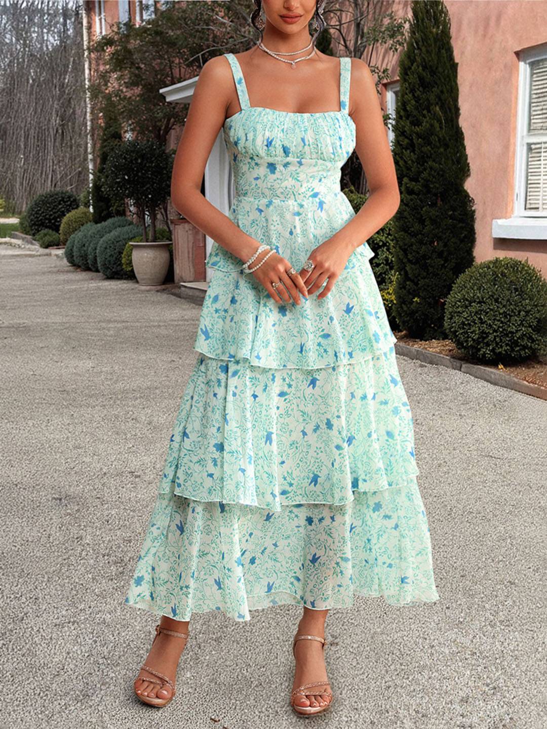 Valentina Robe d’Été Femme – Longue Robe Fleurie en Mousseline avec Volants & Bretelles Spaghetti