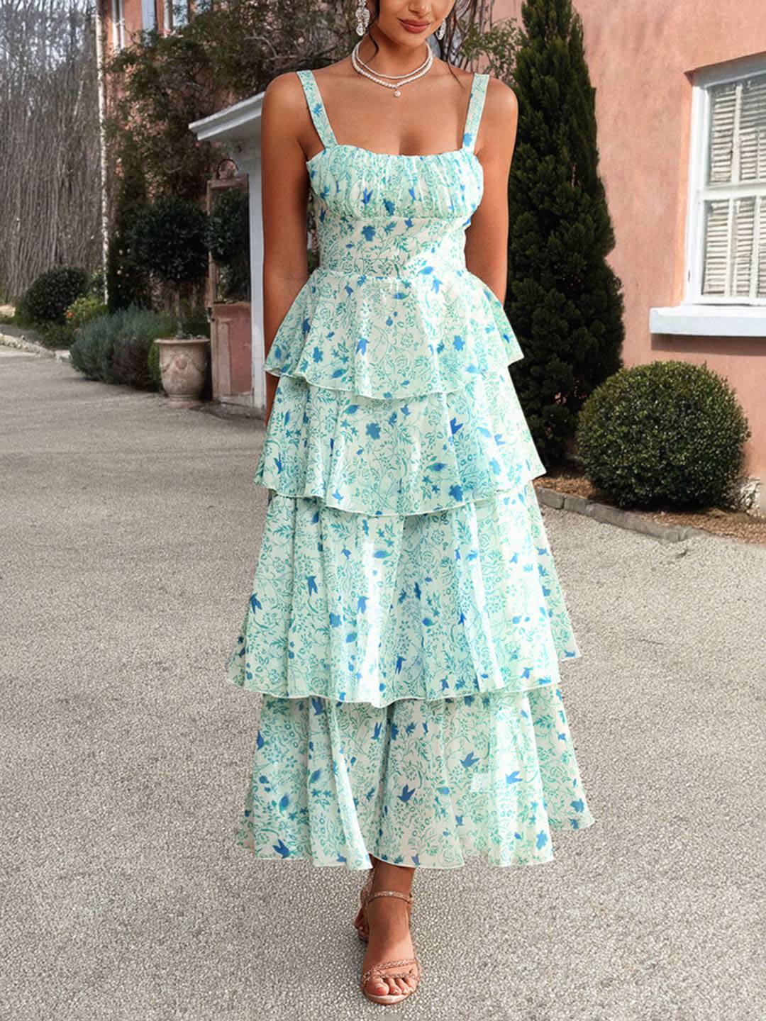 Valentina Robe d’Été Femme – Longue Robe Fleurie en Mousseline avec Volants & Bretelles Spaghetti