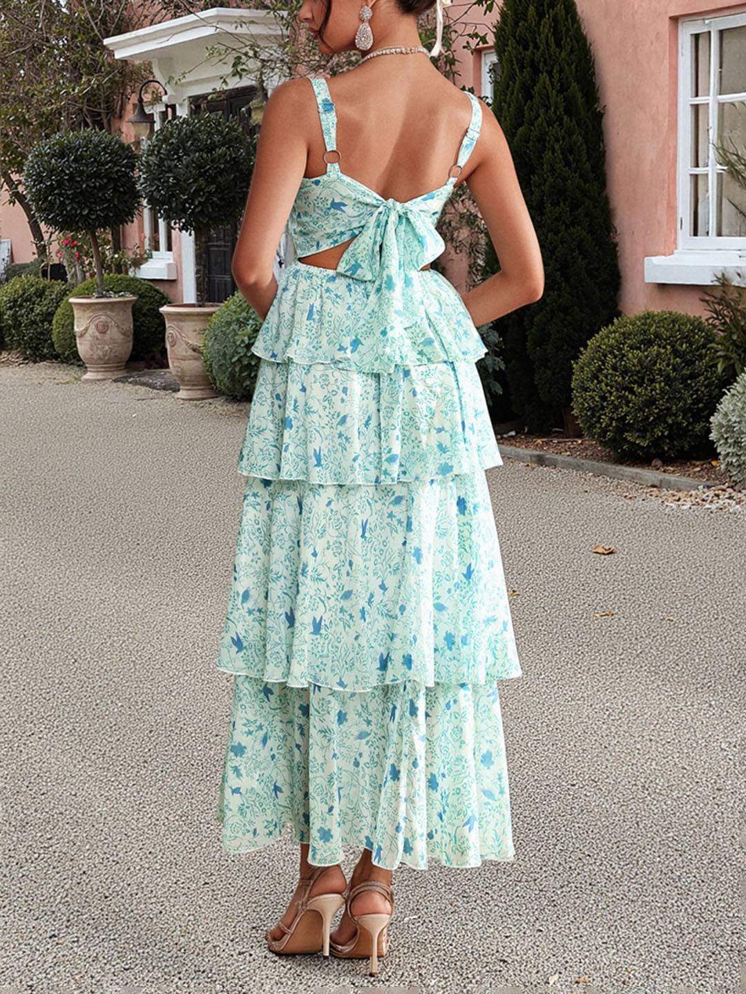 Valentina Robe d’Été Femme – Longue Robe Fleurie en Mousseline avec Volants & Bretelles Spaghetti