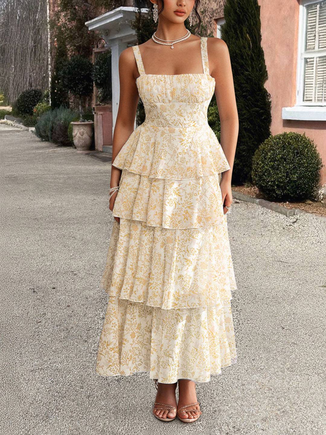 Valentina Robe d’Été Femme – Longue Robe Fleurie en Mousseline avec Volants & Bretelles Spaghetti