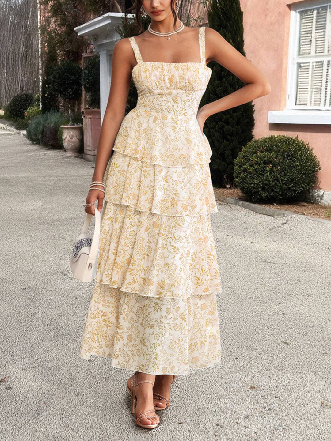 Valentina Robe d’Été Femme – Longue Robe Fleurie en Mousseline avec Volants & Bretelles Spaghetti