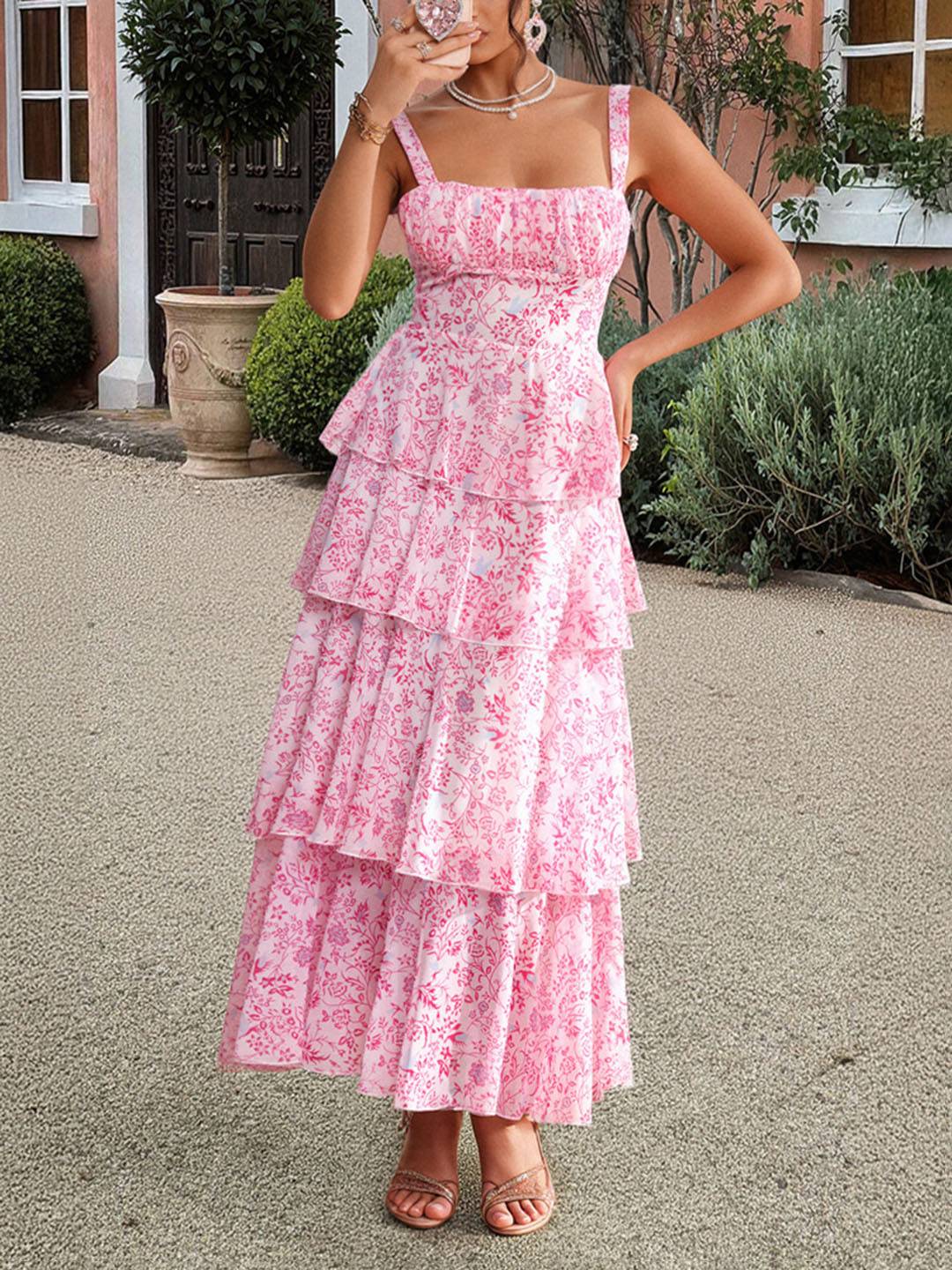 Valentina Robe d’Été Femme – Longue Robe Fleurie en Mousseline avec Volants & Bretelles Spaghetti
