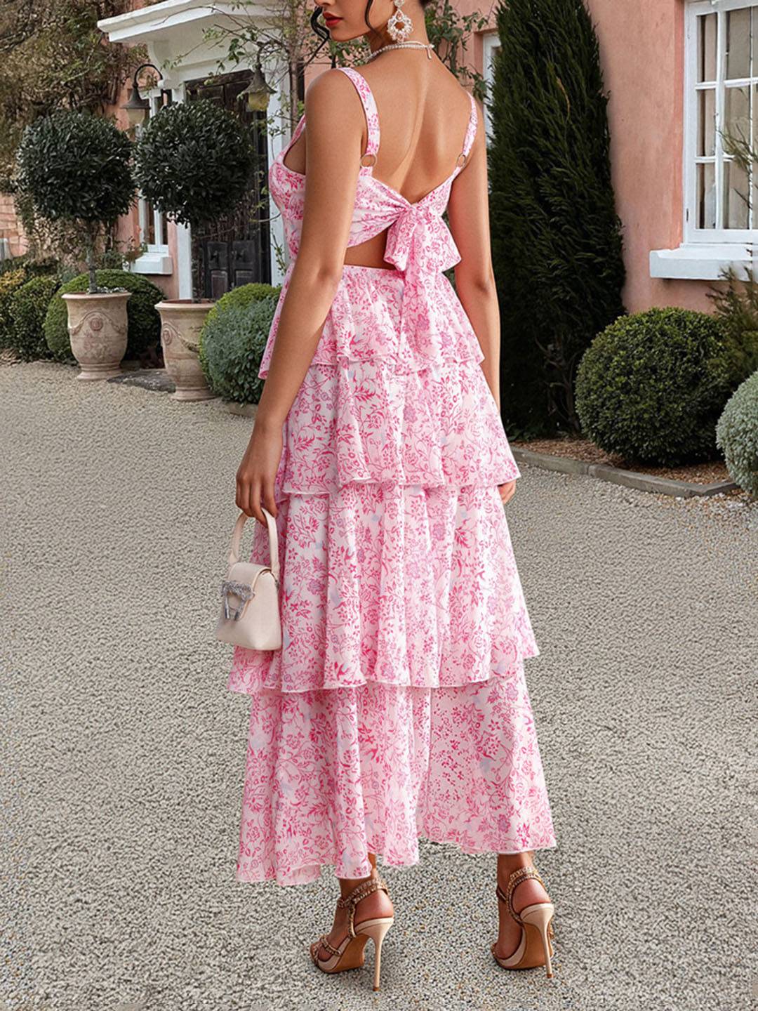 Valentina Robe d’Été Femme – Longue Robe Fleurie en Mousseline avec Volants & Bretelles Spaghetti