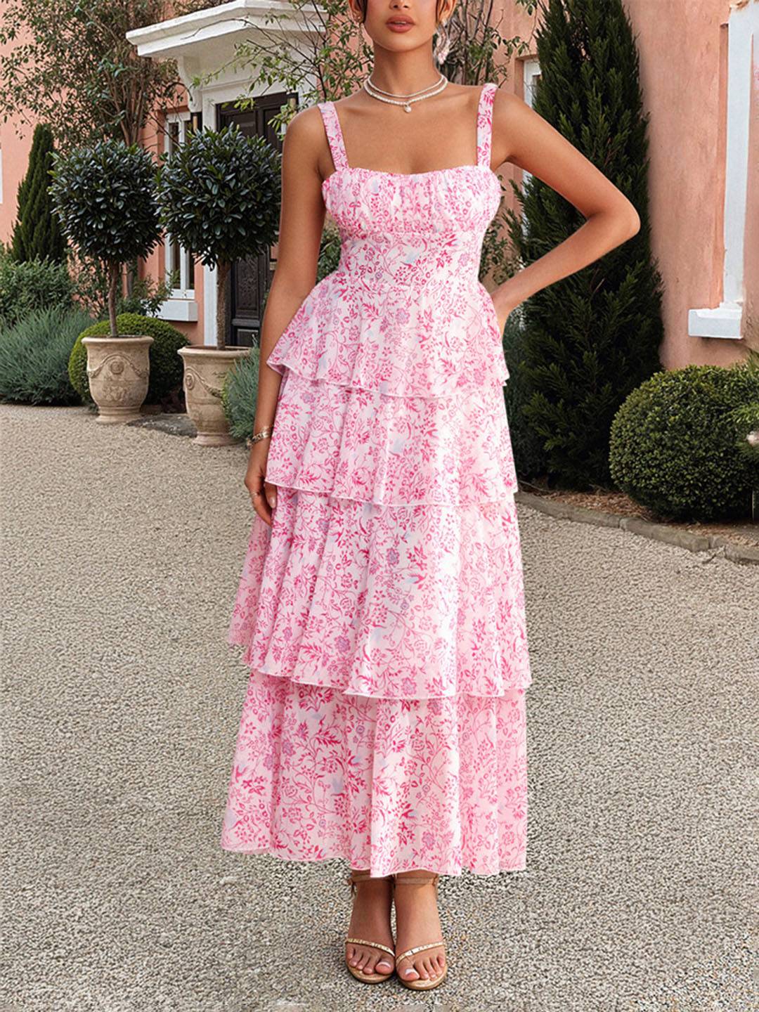 Valentina Robe d’Été Femme – Longue Robe Fleurie en Mousseline avec Volants & Bretelles Spaghetti