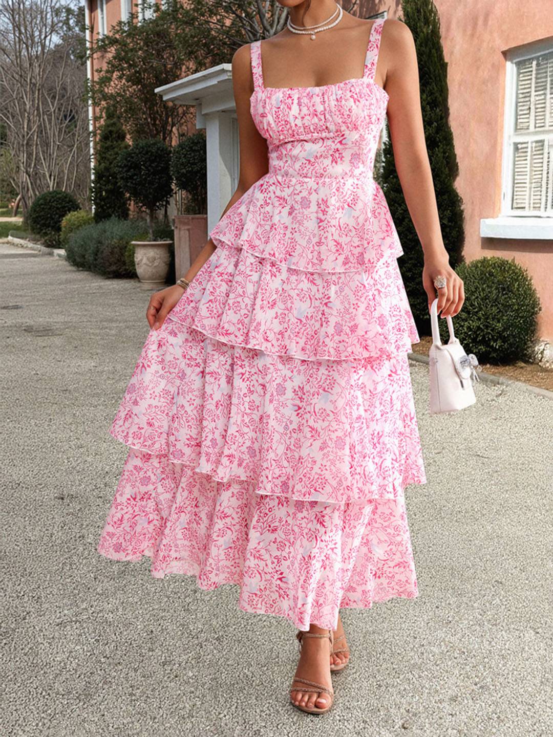 Valentina Women's Summer Dress - lungo abito fiorito in mussola con volano e spalline degli spaghetti