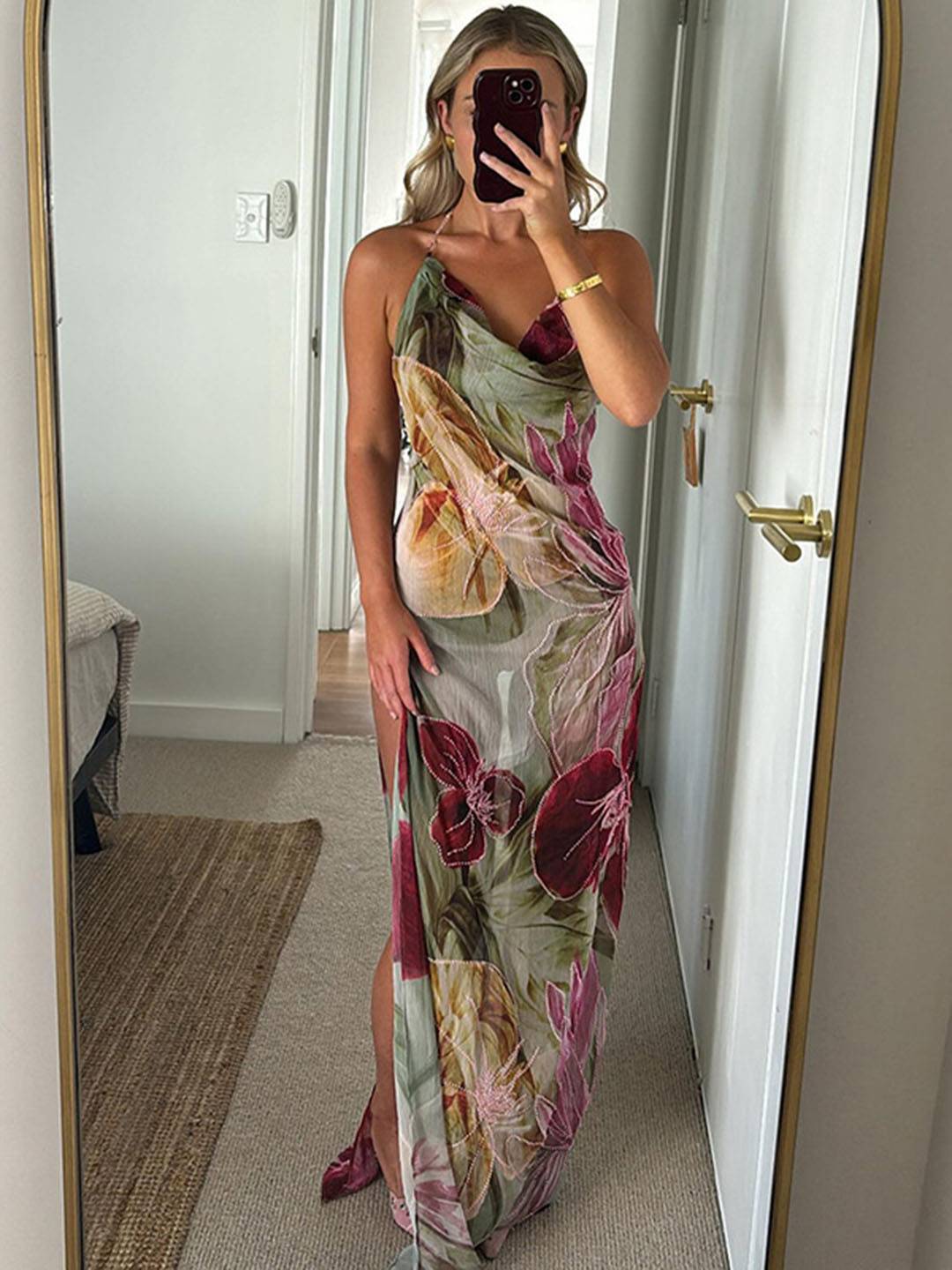 Vestido de verano para mujeres Riley: vestido largo y apretado con estampado floral con hendidura y puerto santo