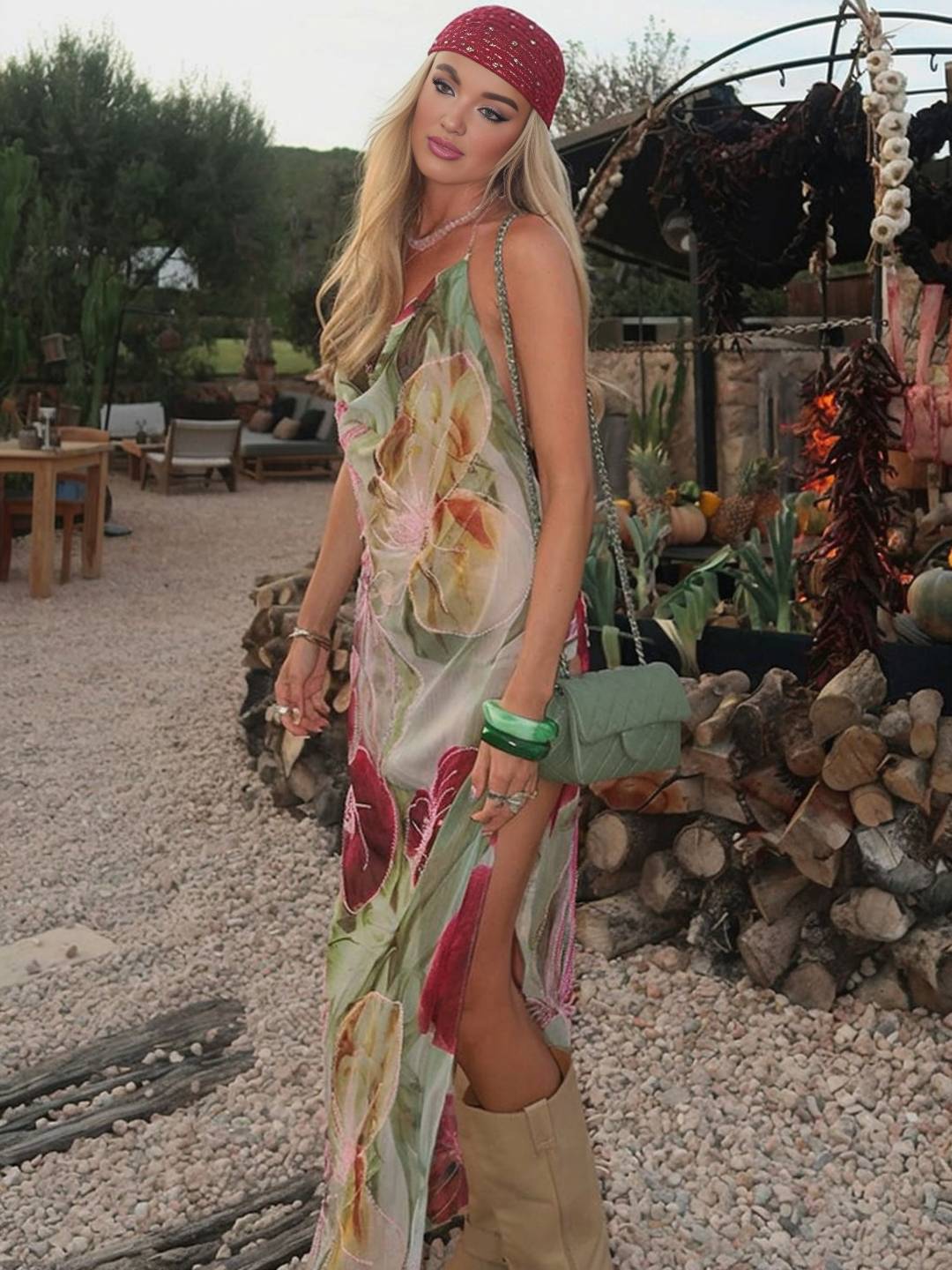 Vestido de verano para mujeres Riley: vestido largo y apretado con estampado floral con hendidura y puerto santo
