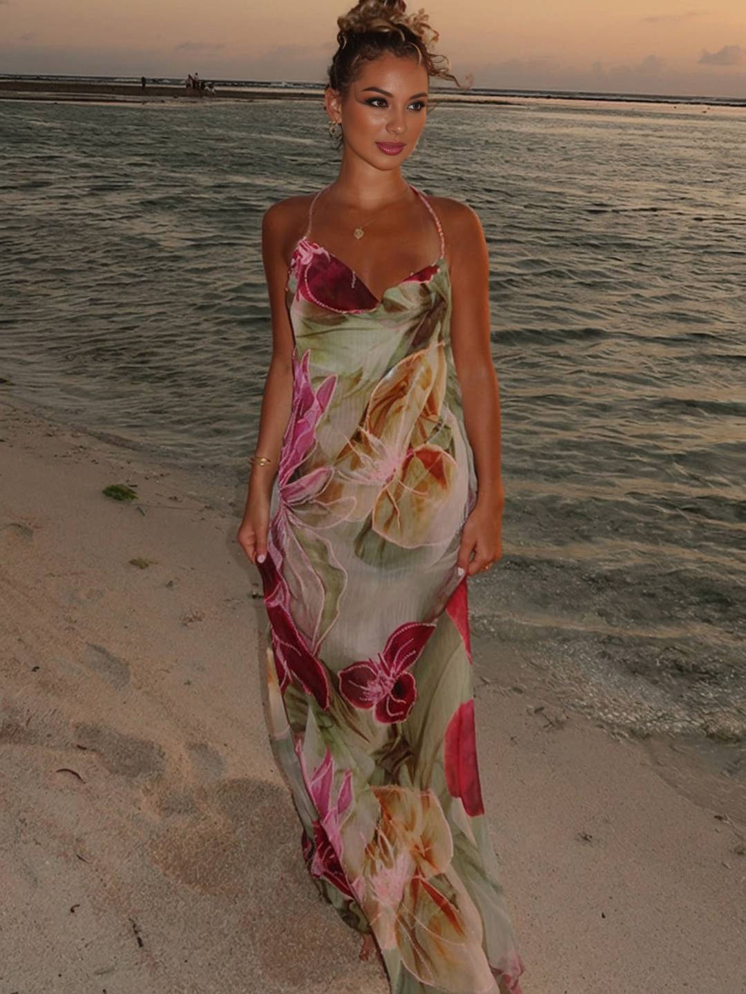 Vestido de verano para mujeres Riley: vestido largo y apretado con estampado floral con hendidura y puerto santo