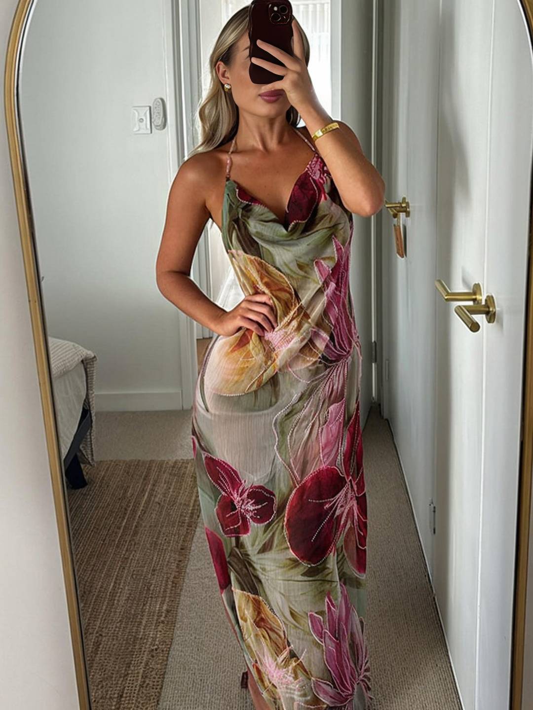 Vestido de verano para mujeres Riley: vestido largo y apretado con estampado floral con hendidura y puerto santo