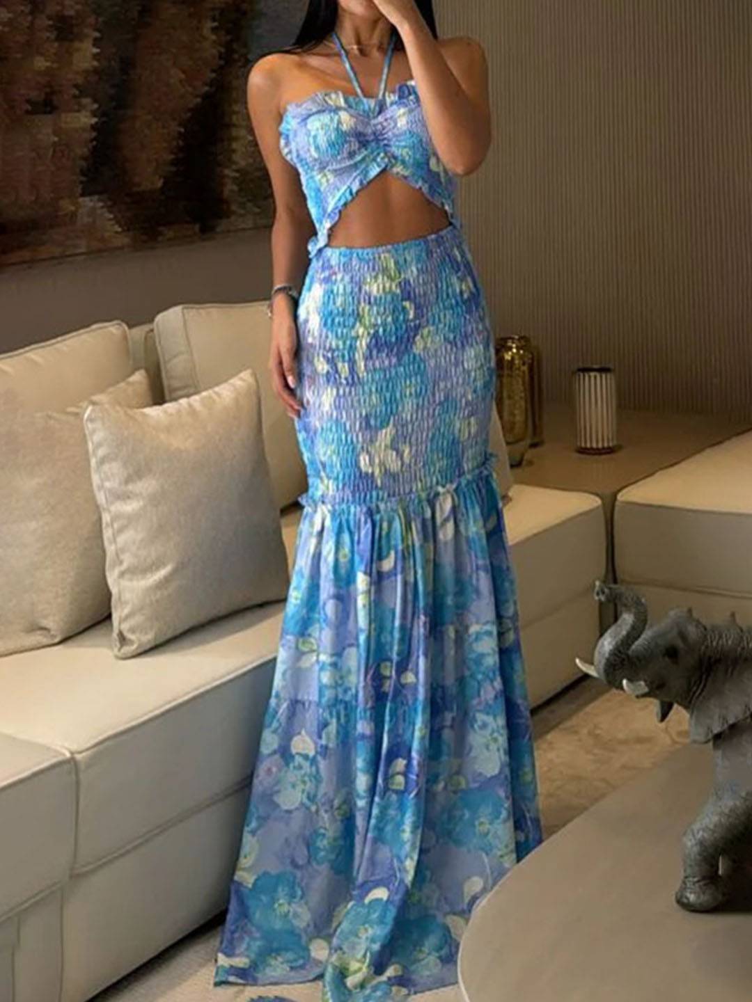 Lucy Summer Dress Women - Vestido máximo sin mangas con fleuri estampado y recortes de halter de diseño