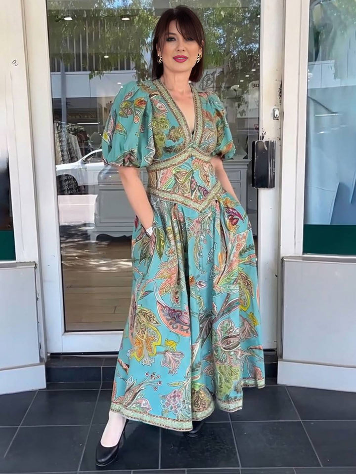 Scarlett Máximo Vestido para mujeres: elegante vestido de Fleurie con V y mangas cortas para fiesta y ceremonia