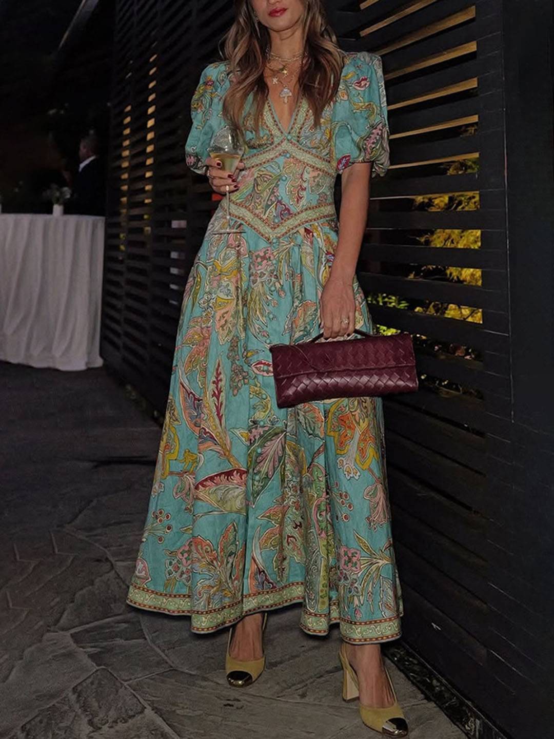 Scarlett Robe Maxi Femme – Élégante Robe Fleurie avec Décolleté en V & Manches Courtes pour Fête & Cérémonie