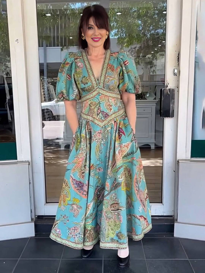 Scarlett Máximo Vestido para mujeres: elegante vestido de Fleurie con V y mangas cortas para fiesta y ceremonia