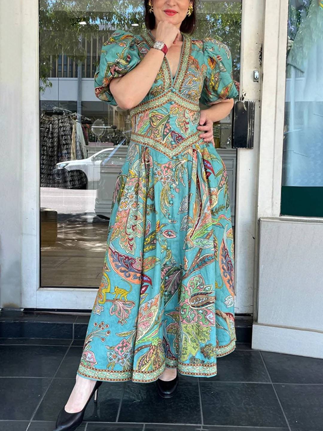 Scarlett Robe Maxi Femme – Élégante Robe Fleurie avec Décolleté en V & Manches Courtes pour Fête & Cérémonie