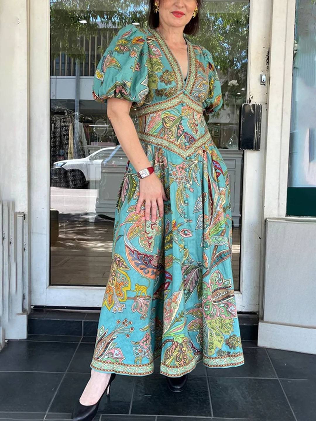 Scarlett Robe Maxi Femme – Élégante Robe Fleurie avec Décolleté en V & Manches Courtes pour Fête & Cérémonie