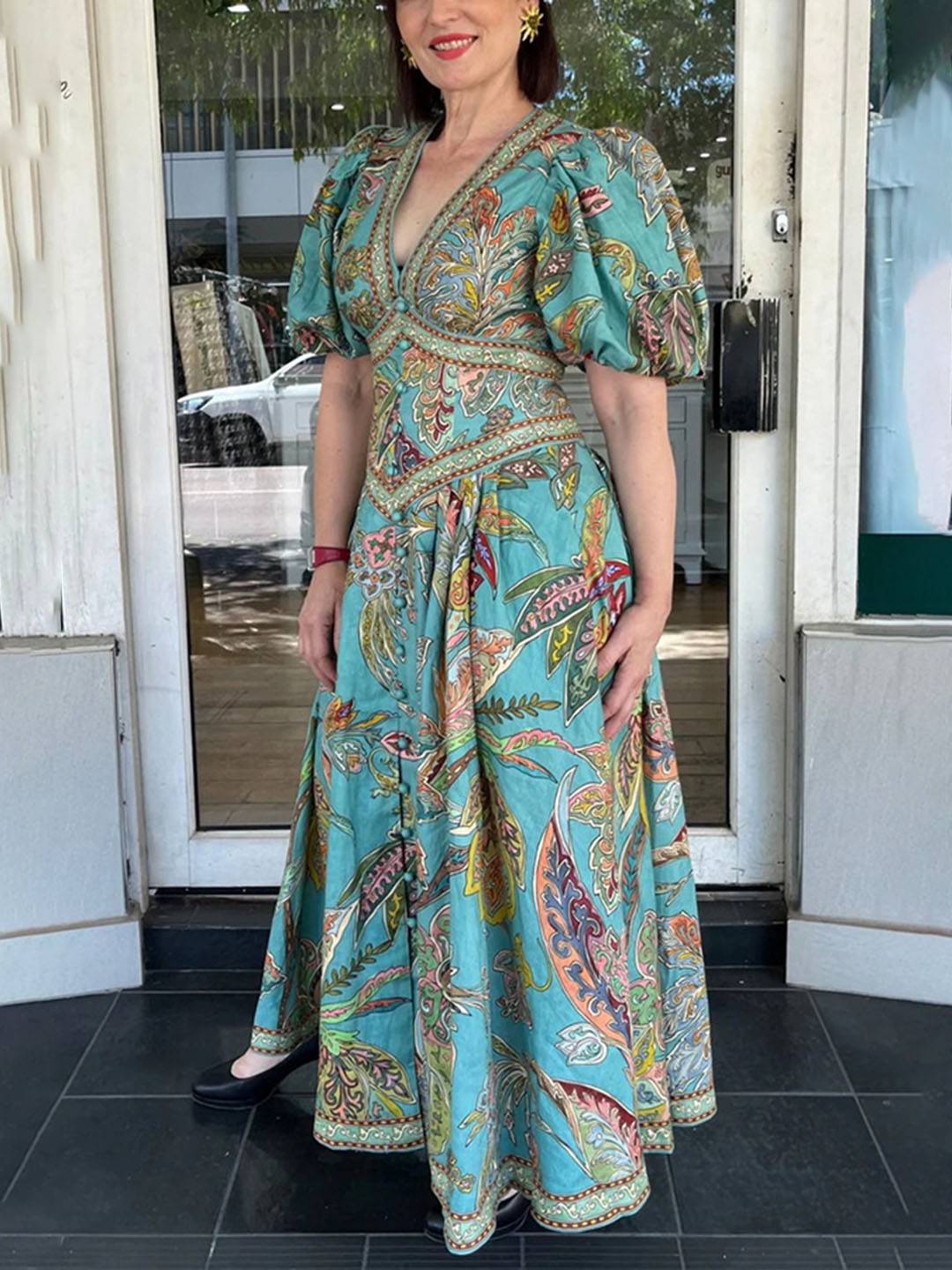 Scarlett Robe Maxi Femme – Élégante Robe Fleurie avec Décolleté en V & Manches Courtes pour Fête & Cérémonie