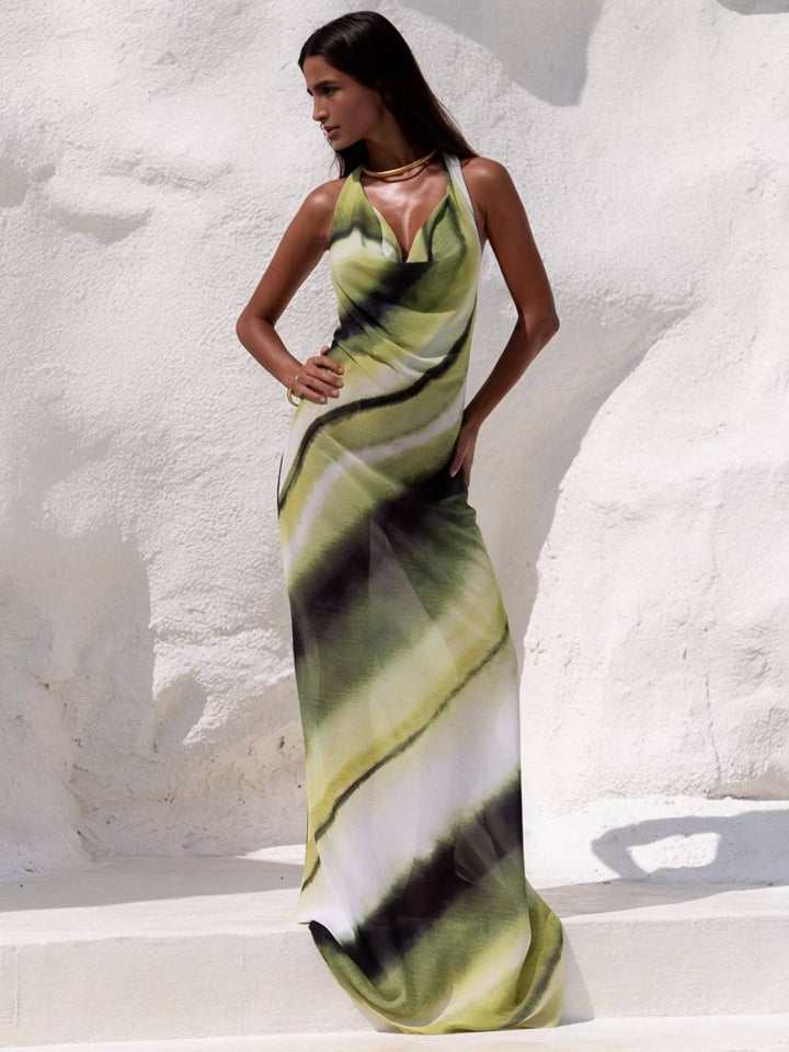 Vestido de noche para mujeres Eleanor: vestido largo degradado con escote en V, cabestro y dos desnudos para las vacaciones de verano