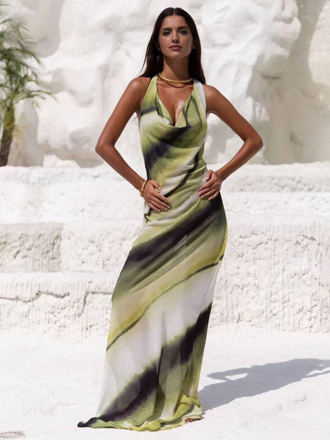 Eleanor Women's Evening Dress - Abito degradato lungo con scollo a V, cave e nudo dos per le vacanze estive